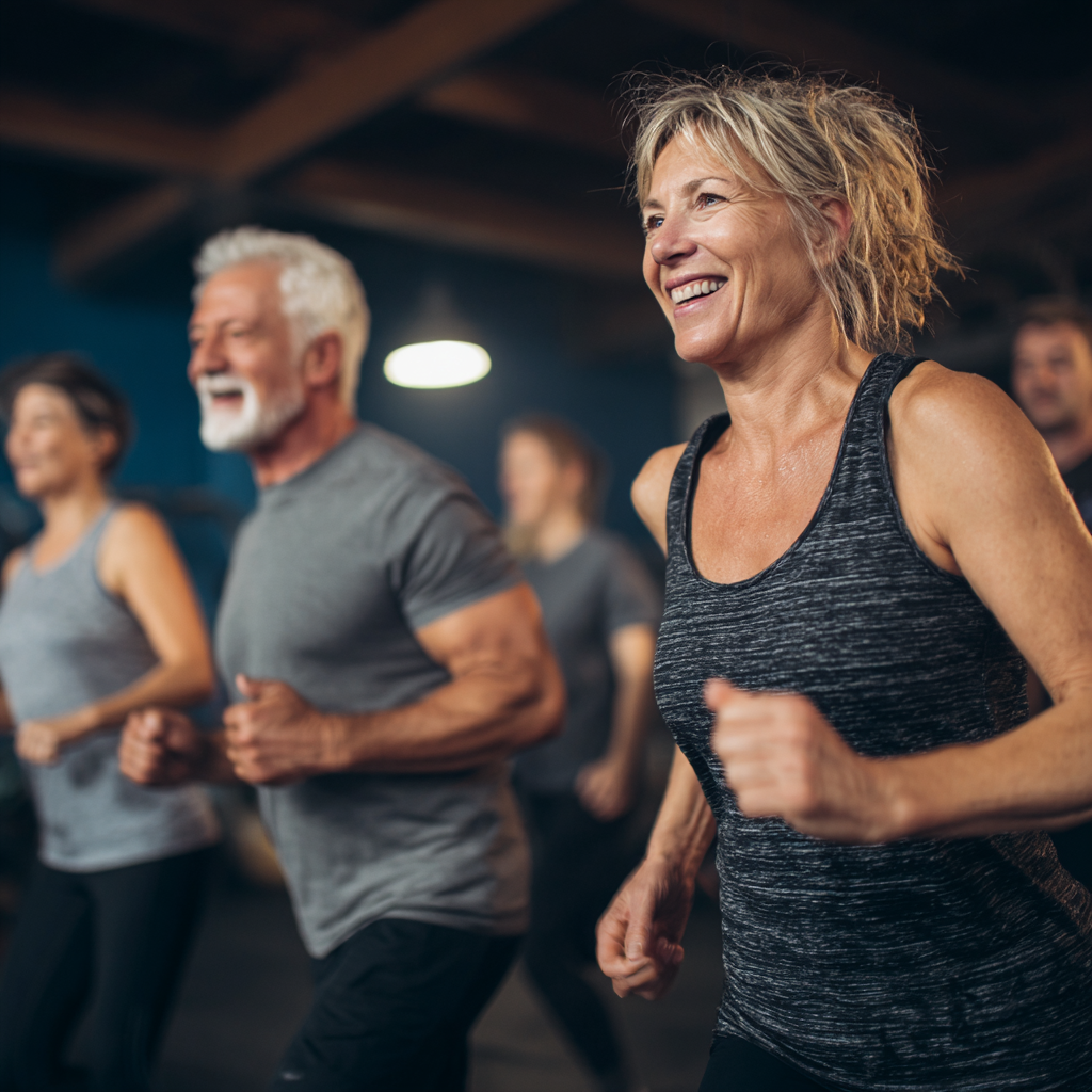 Group of middle-aged adults engaging in dynamic fitness training session