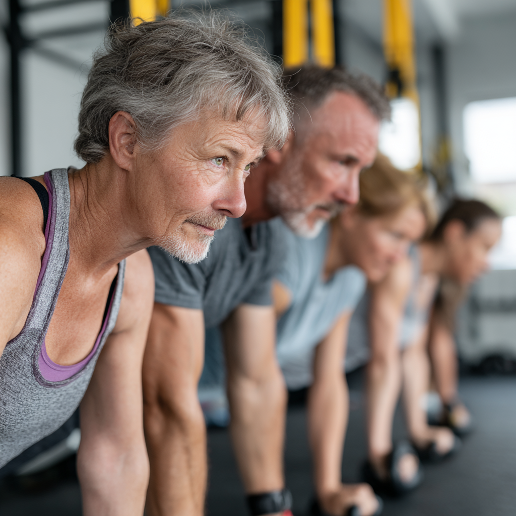 Mature adults performing functional training exercises with professional guidance